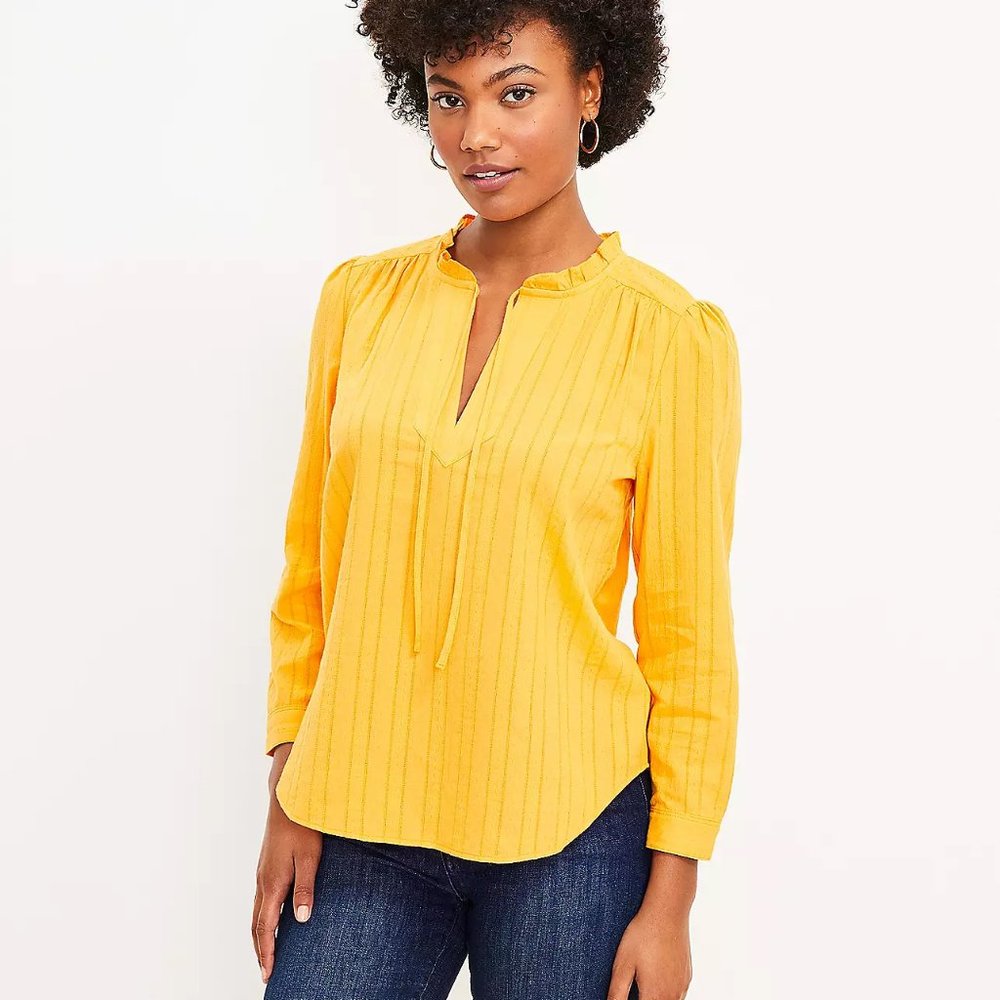 LOFT | Striped Ruffle Tie Neck Blouse | Honey Yellow | X-Large